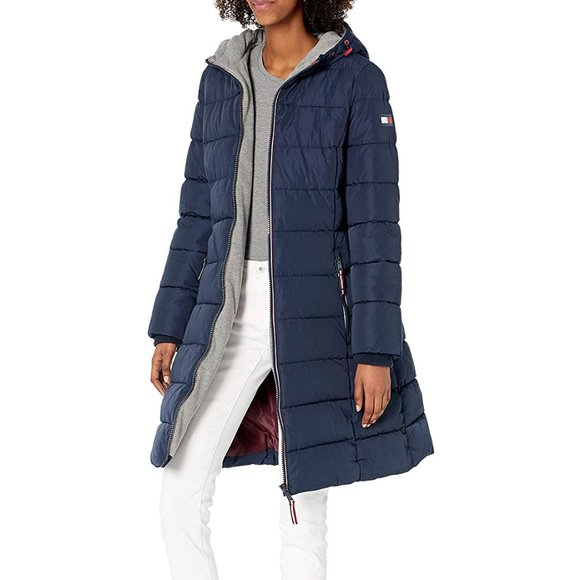 Women's Tommy Hilfiger Deep Blue Puffer Hooded Jacket 3 Pockets Maroon Lining S - Picture 13 of 15